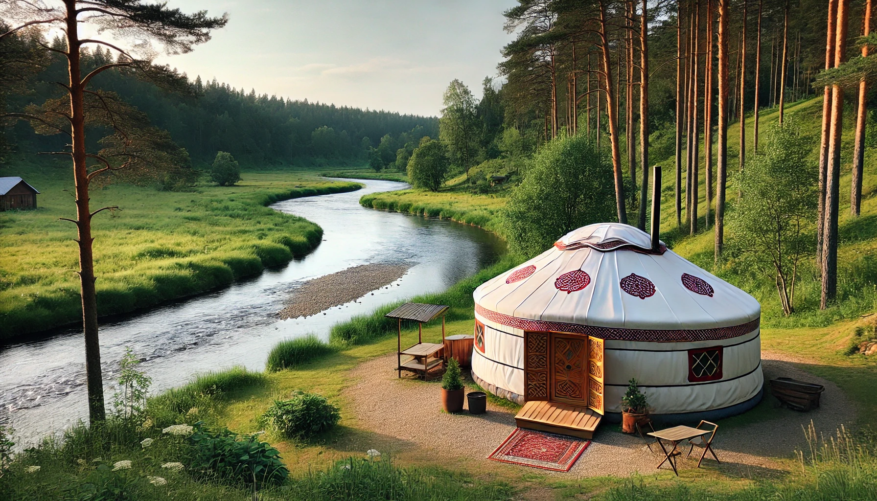 dall·e 2025 01 31 11.02.16 a serene riverside setting at a nature retreat with a traditional mongolian yurt (ger) situated near a river bend. the yurt has a white, domed exterio