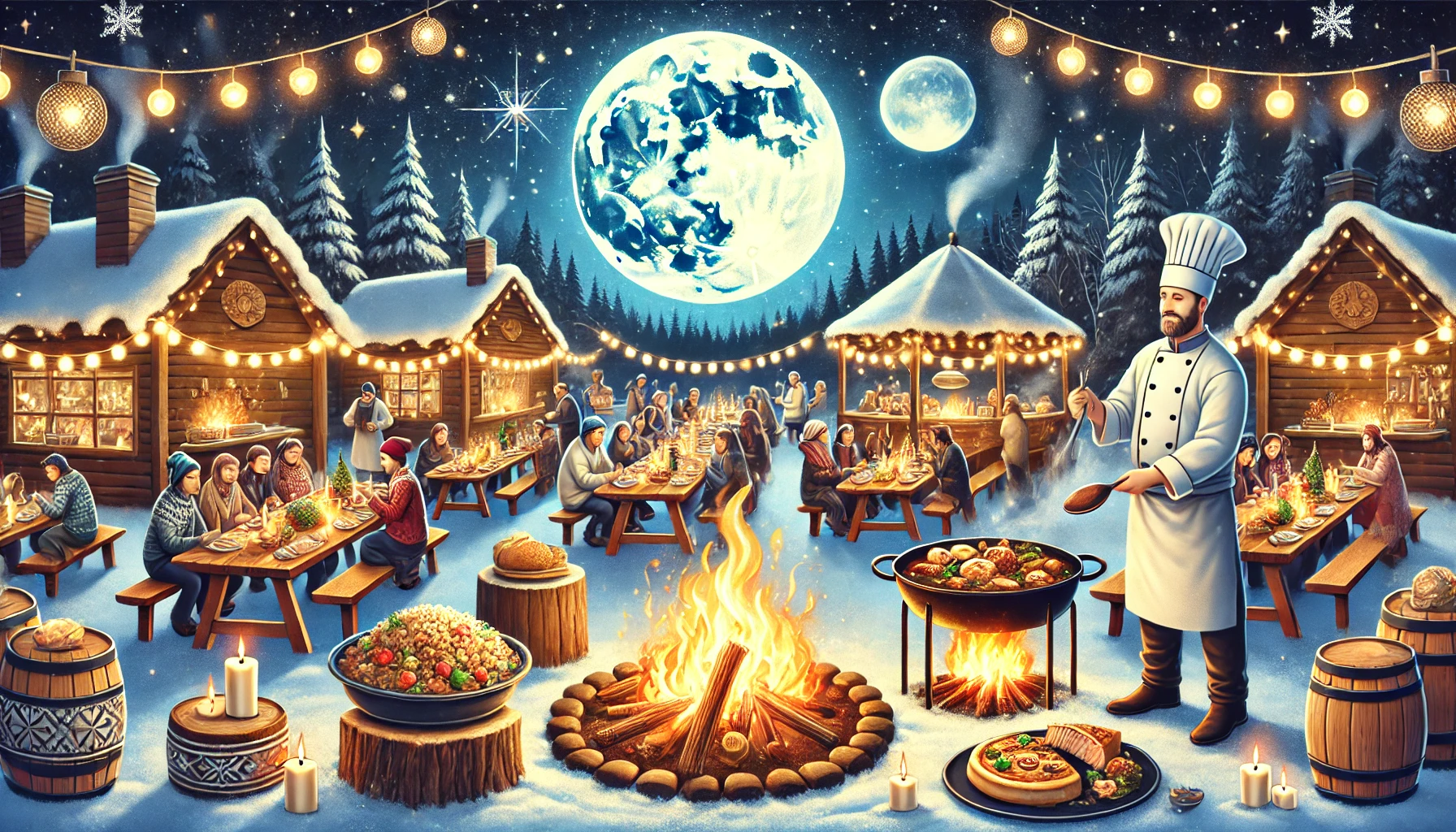 dall·e 2025 02 06 12.43.51 a magical full moon night food festival scene. a cozy outdoor dining setup with bonfires, people enjoying warm winter dishes, and chefs cooking over o